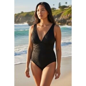Adore Me One Piece Swimsuit Womens 1X Black Textured V-Neck Wide Straps vacation